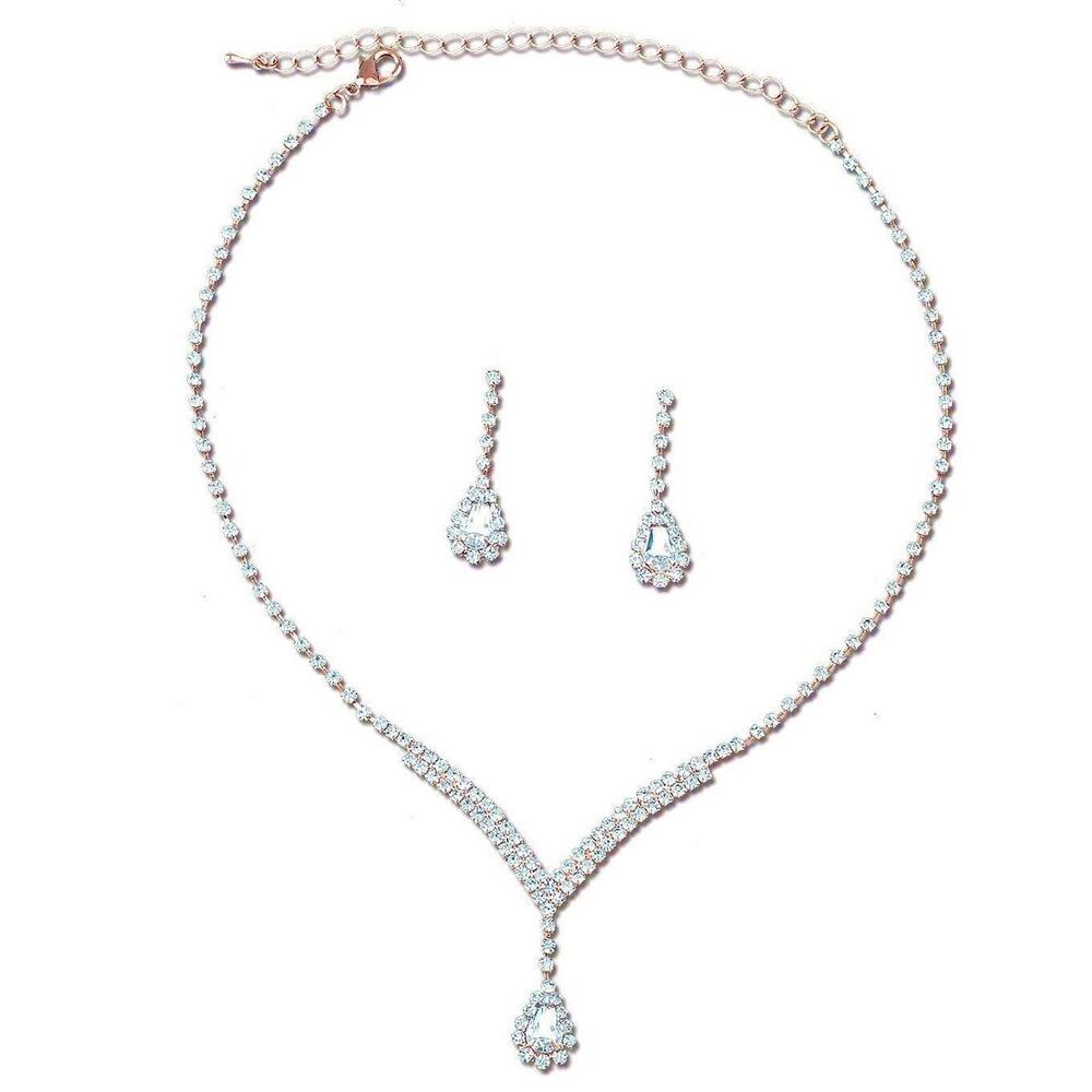 Diacly Y Shape Rhinestone Necklace Set Women OS Silver Clear Bridal Glam NEW - Picture 2 of 8